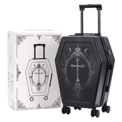 Gothic Coffin Rolling Suitcase – Medieval Vampire Travel Luggage with Cross Design for Gothic & Fantasy Travelers