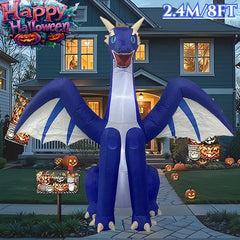 8FT Halloween Inflatable Blue Dragon – Giant Light-Up Yard Decoration with Wings, Horns, & LED Lights