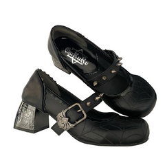Women’s Gothic Mary Jane Shoes – Retro Dark Style Block Heel with Spider Web Print, Spiked Strap & Spider Buckle