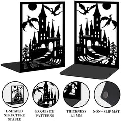Iron Dragon Castle Bookends – Metal Fantasy Book Holder Set for Home, Library, or Office Decor