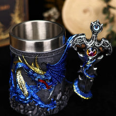 Dragon Lair Tankard – Medieval Fantasy Mug with Gemstone Sword Handle and Stainless Steel Interior