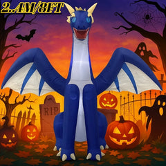 8FT Halloween Inflatable Blue Dragon – Giant Light-Up Yard Decoration with Wings, Horns, & LED Lights