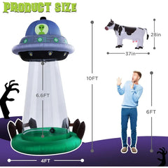 10 FT Halloween Inflatable UFO – Alien Abduction Blow Up Yard Decoration with Floating Cow & LED Lights