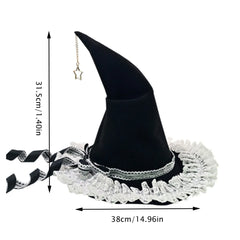 Women's Gothic Witch Hat – Halloween Cosplay Wizard Hat with Wide Brim and Lace Trim
