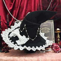 Women's Gothic Witch Hat – Halloween Cosplay Wizard Hat with Wide Brim and Lace Trim