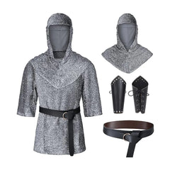 Men’s Medieval Knight Costume Set – Faux Chainmail Hooded Shirt, Belt & Bracers for Cosplay, Renaissance Faire & Halloween