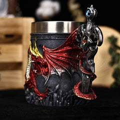 Dragon Lair Tankard – Medieval Fantasy Mug with Gemstone Sword Handle and Stainless Steel Interior