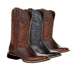 Men’s Classic Western Cowboy Boots – Handmade Faux Leather Mid-Calf Embroidered Riding Boots