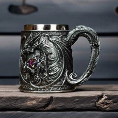 Dragon Guardian Tankard – Medieval Fantasy Stainless Steel Mug with Dragon Guarding a Gemstone Treasure