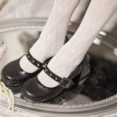 Women’s Gothic Mary Jane Shoes – Retro Dark Style Block Heel with Spider Web Print, Spiked Strap & Spider Buckle