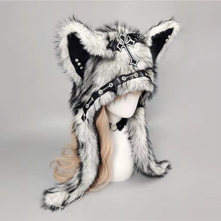 Wolf Cat Wool Felt Hat in Black White and Brown Gray (NWOT) Winter Wolf Costume Brown Faux Fur Hat One Size Fits Most | eBay main image 4