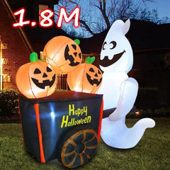6FT Halloween Inflatable White Ghost Pushing Pumpkin Cart - Light-Up Outdoor Yard Decoration with LED Lights