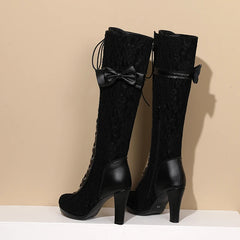 Women’s Vintage Victorian Lace-Up Knee-High Boots – High Heel Gothic Cosplay Shoes with Bow