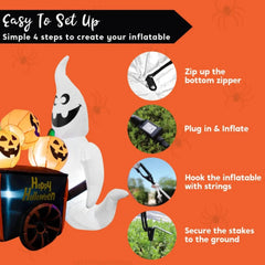 6FT Halloween Inflatable White Ghost Pushing Pumpkin Cart - Light-Up Outdoor Yard Decoration with LED Lights