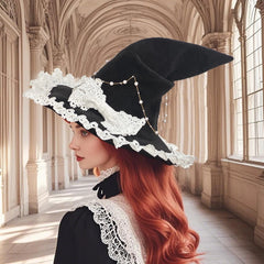 Women's Gothic Witch Hat – Halloween Cosplay Wizard Hat with Wide Brim and Lace Trim