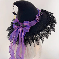 Women's Gothic Lolita Witch Hat – Halloween Cosplay Accessory with Lace, Ribbon Bows & Bat Charm