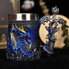 Dragon Lair Tankard – Medieval Fantasy Mug with Gemstone Sword Handle and Stainless Steel Interior