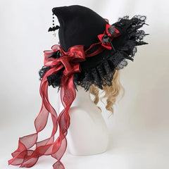 Women's Gothic Lolita Witch Hat – Halloween Cosplay Accessory with Lace, Ribbon Bows & Bat Charm