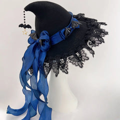 Women's Gothic Lolita Witch Hat – Halloween Cosplay Accessory with Lace, Ribbon Bows & Bat Charm