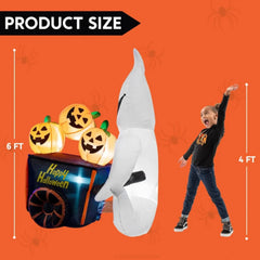 6FT Halloween Inflatable White Ghost Pushing Pumpkin Cart - Light-Up Outdoor Yard Decoration with LED Lights