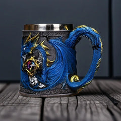 Dragon Guardian Tankard – Medieval Fantasy Stainless Steel Mug with Dragon Guarding a Gemstone Treasure