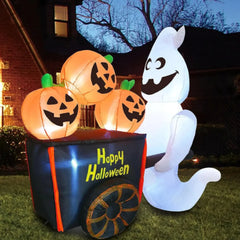 6FT Halloween Inflatable White Ghost Pushing Pumpkin Cart - Light-Up Outdoor Yard Decoration with LED Lights