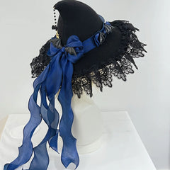 Women's Gothic Lolita Witch Hat – Halloween Cosplay Accessory with Lace, Ribbon Bows & Bat Charm