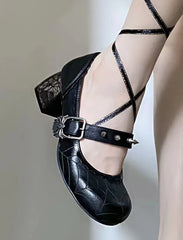 Women’s Gothic Mary Jane Shoes – Retro Dark Style Block Heel with Spider Web Print, Spiked Strap & Spider Buckle