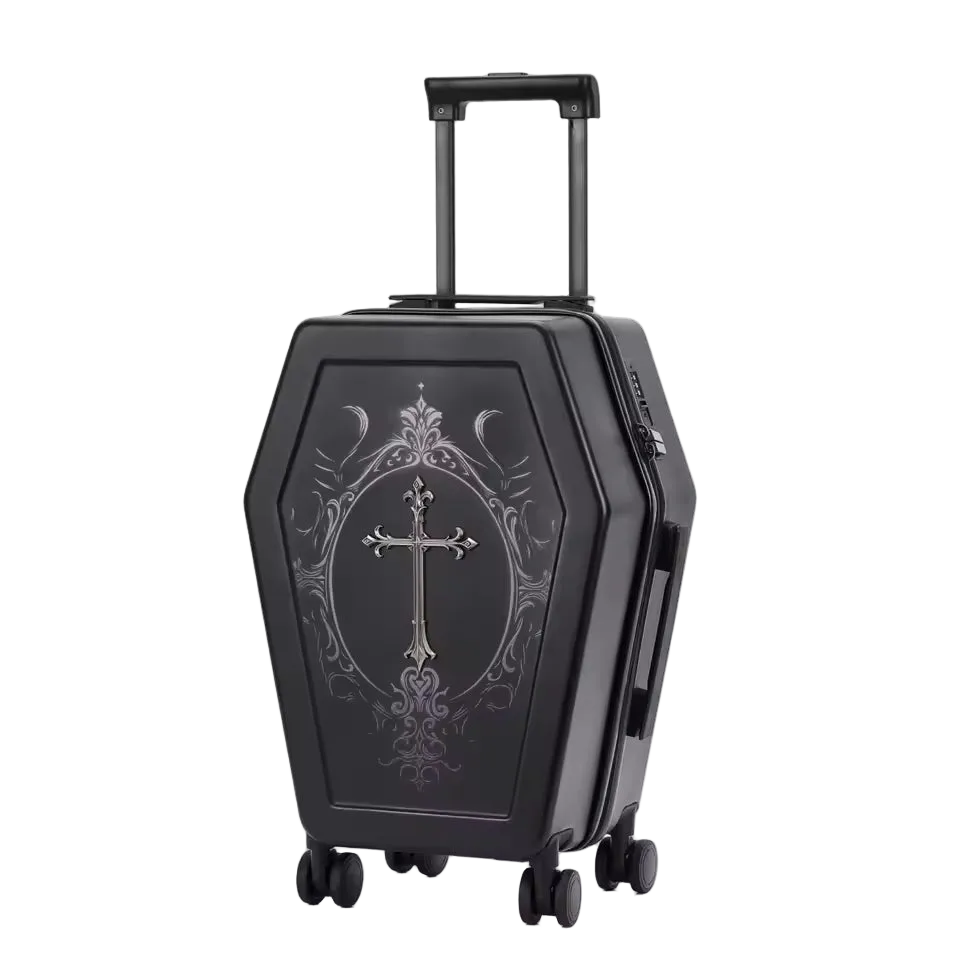 Gothic Coffin Rolling Suitcase – Medieval Vampire Travel Luggage with Cross Design for Gothic & Fantasy Travelers