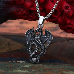 Stainless Steel Dragon Pendant – Winged Serpent of Power Medieval Fantasy Jewelry Charm