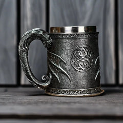 Dragon Guardian Tankard – Medieval Fantasy Stainless Steel Mug with Dragon Guarding a Gemstone Treasure