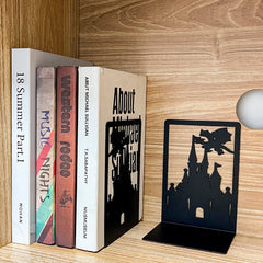 Iron Dragon Castle Bookends – Metal Fantasy Book Holder Set for Home, Library, or Office Decor