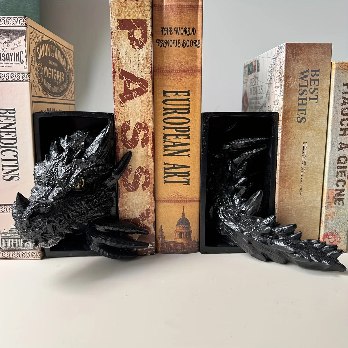 Dragon Bookends – 2-Piece Resin Fantasy Book Holder Set for Bookshelf or Home Office Decoration