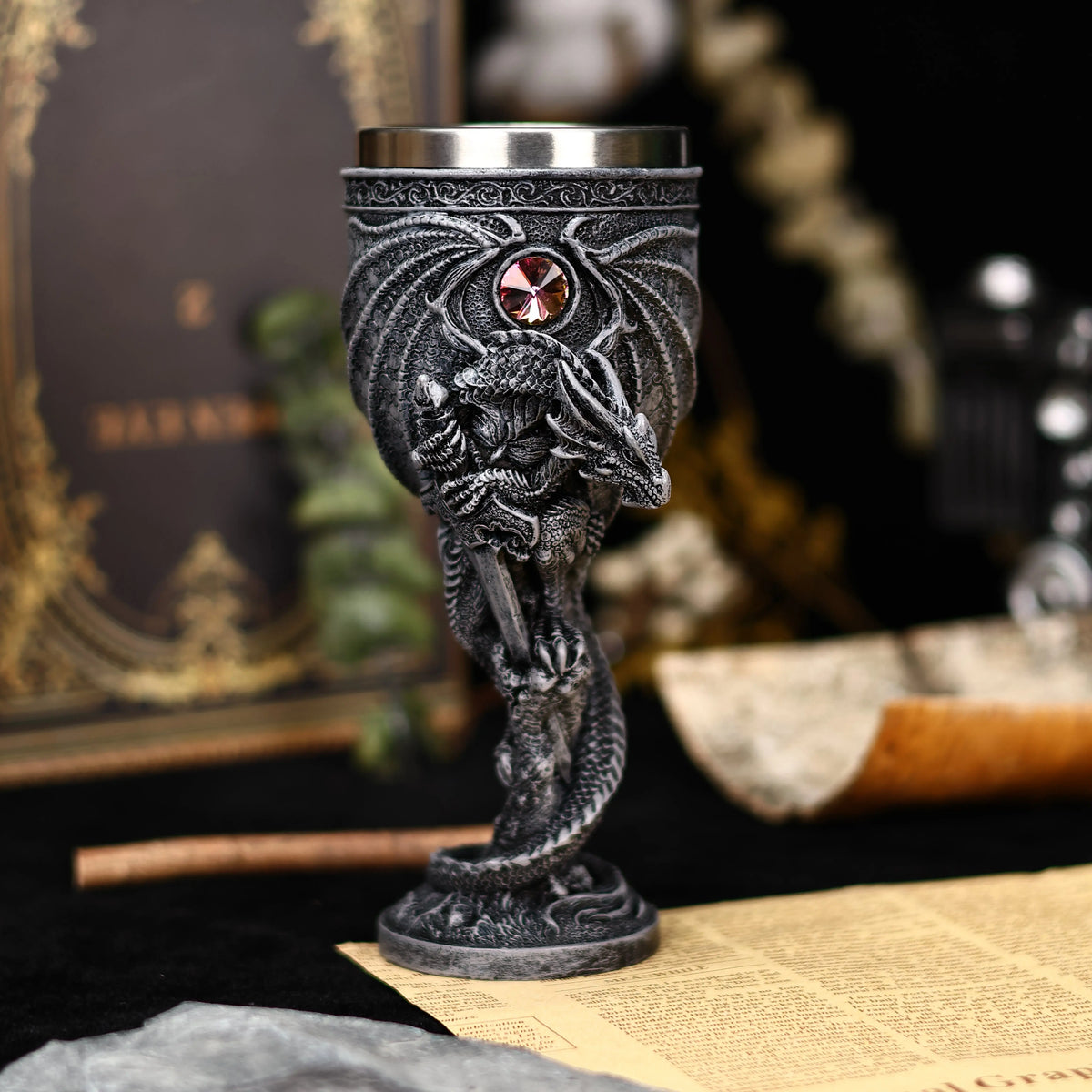 Dragon Guardian Goblet – Medieval Fantasy Chalice with Stainless Steel Interior and Gemstone Accent