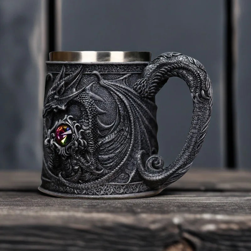 Dragon Guardian Tankard – Medieval Fantasy Stainless Steel Mug with Dragon Guarding a Gemstone Treasure