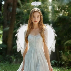 Dreamy Angel Wings & Halo Set — Wearable Costume Feather Wings with Halo Headband for Cosplay, Halloween, Photo Props & Festivals