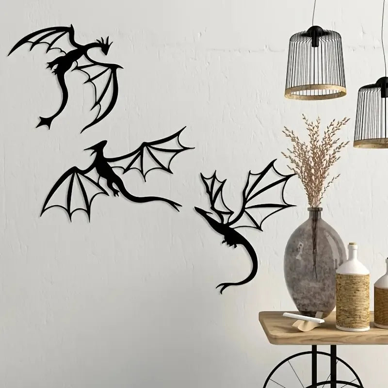 Flying Dragon Wall Art Set of 3 – Black Iron Metal Fantasy Decor for Home, Office, or Garden