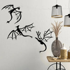 Flying Dragon Wall Art Set of 3 – Black Iron Metal Fantasy Decor for Home, Office, or Garden