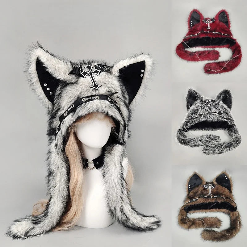 Gothic Winter Faux Fur Cat & Wolf Ear Hood – Fantasy Cosplay Plush Hat for Adults & Kids