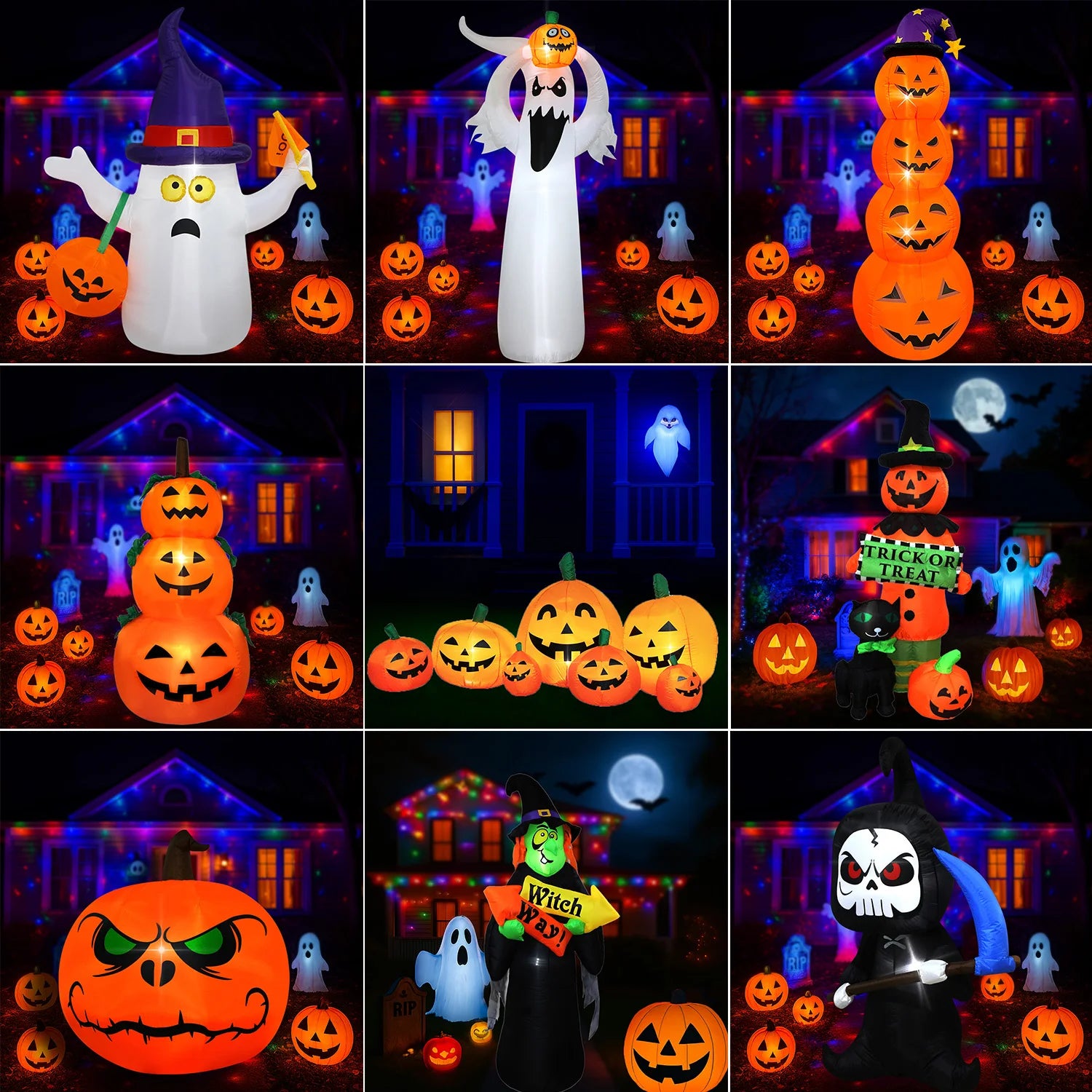 Halloween Inflatable Outdoor Decorations – LED Light-up Pumpkins, Ghosts, Spiders, Witch, & Grim Reaper Outdoor Holiday Display
