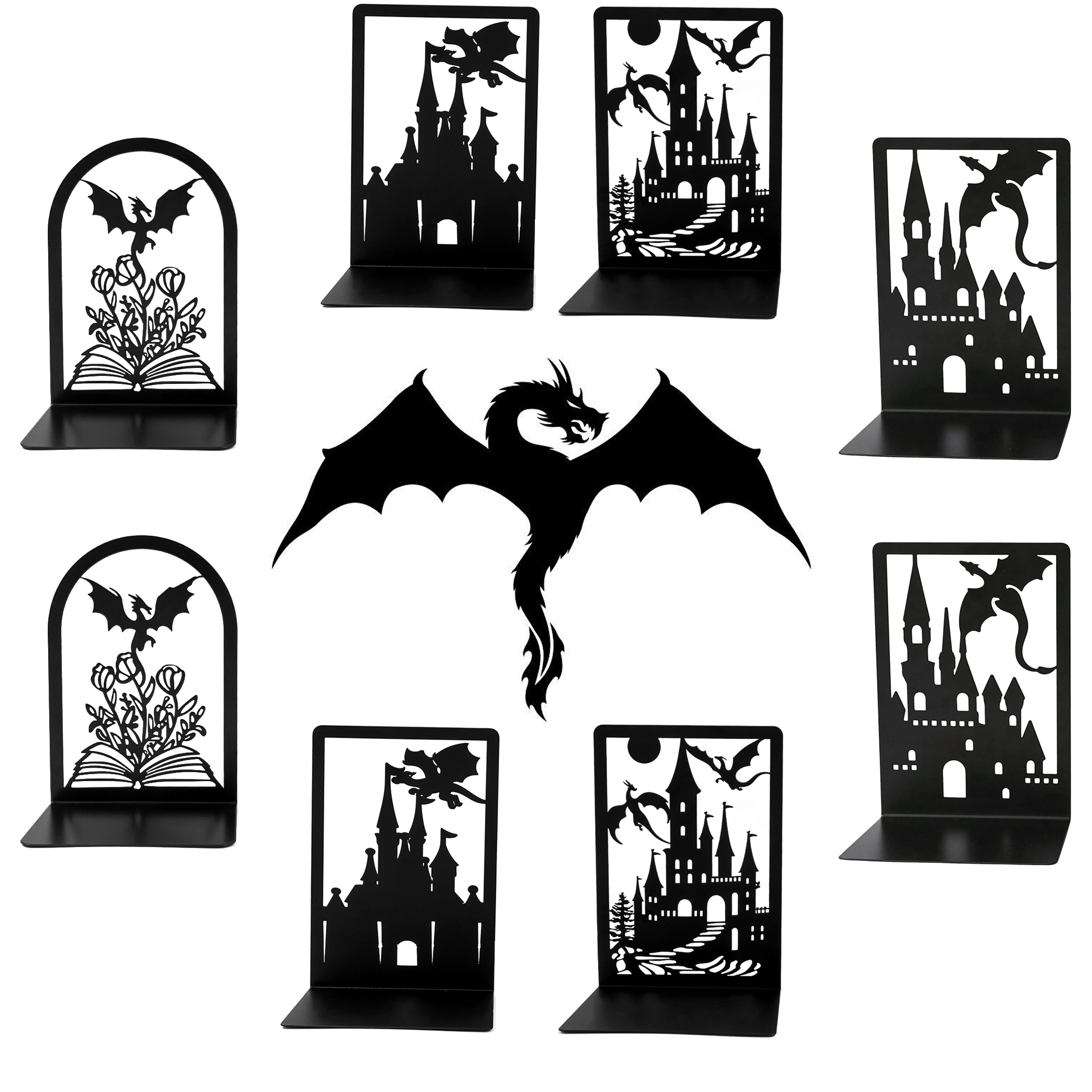 Iron Dragon Castle Bookends – Metal Fantasy Book Holder Set for Home, Library, or Office Decor