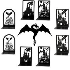 Iron Dragon Castle Bookends – Metal Fantasy Book Holder Set for Home, Library, or Office Decor