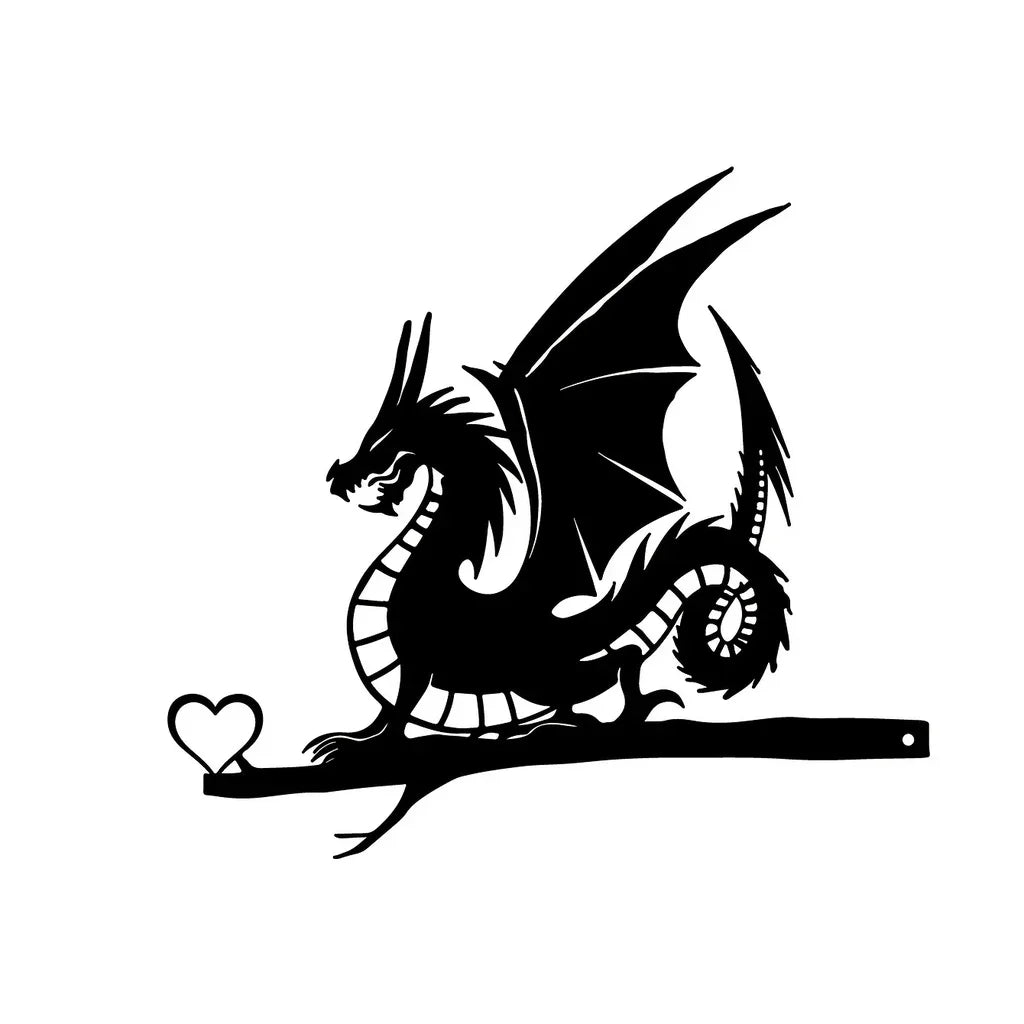 Medieval Dragon with Heart Wall Art – Black Iron Metal Fantasy Silhouette for Home, Office, or Garden Decor