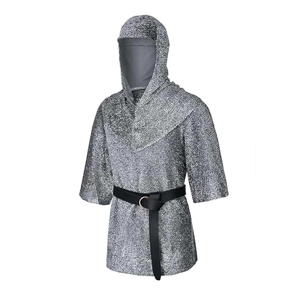 Men’s Medieval Knight Costume Set – Faux Chainmail Hooded Shirt, Belt & Bracers for Cosplay, Renaissance Faire & Halloween