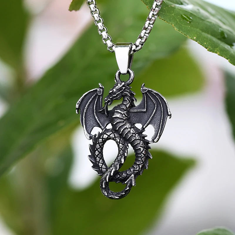 Stainless Steel Dragon Pendant – Winged Serpent of Power Medieval Fantasy Jewelry Charm