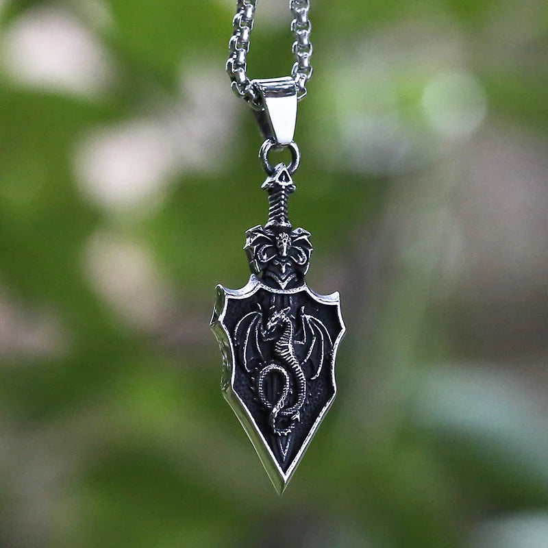 Stainless Steel Dragon Sword Shield Pendant Necklace – Medieval Fantasy Warrior Jewelry