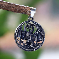 Stainless Steel Round Dragon Pendant – Circular Winged Guardian Medieval Fantasy Jewelry Charm