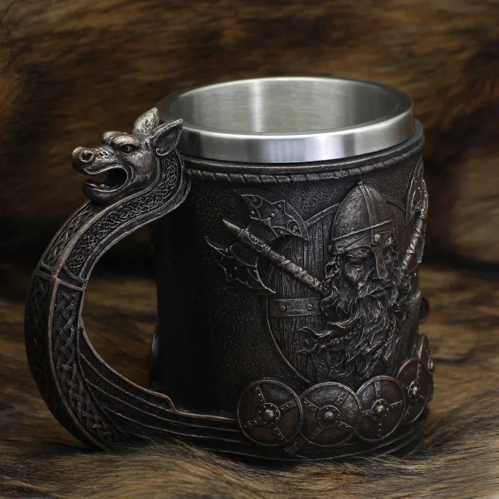 Viking Warrior Tankard – Medieval Norse Drinking Mug with Dragon Longship Handle
