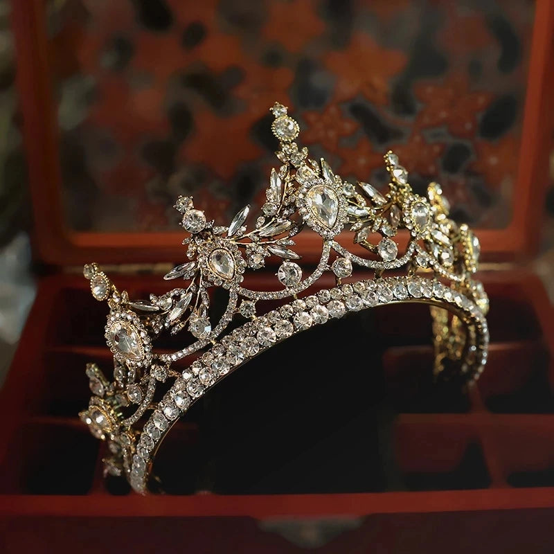 Vintage Victorian-Inspired Bronze Gold Crystal Bridal Tiara Crown — Rhinestone Pageant & Princess Headpiece for Wedding, Prom & Cosplay