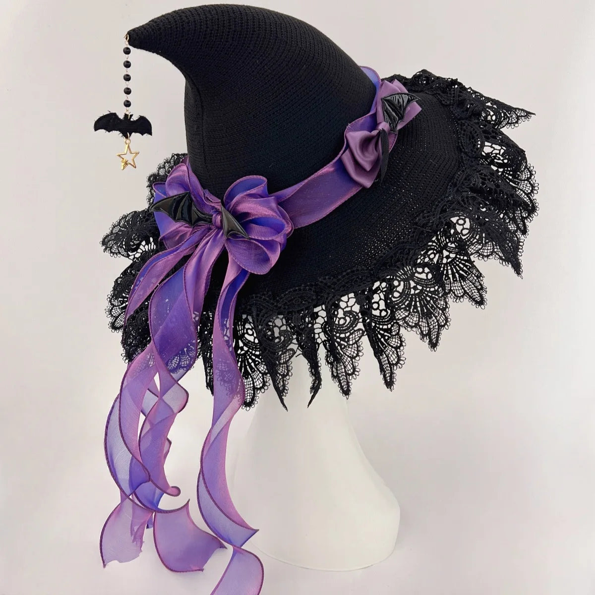 Women's Gothic Lolita Witch Hat – Halloween Cosplay Accessory with Lace, Ribbon Bows & Bat Charm